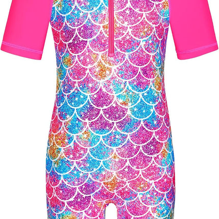 Short Sleeve Girls Swimsuits UV 50+ One Pieces Zipper 2-14Y | from Beach Vacations and Pool Parties to Cruises and Water Parks, This Colorful Floral Swimsuit Is Her Summer Favorite