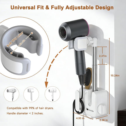 Hands Free Hair Dryer Holder Wall Mount, Anti-Shake Blow Dryer Stand with Storage Slot, Drill-Free Adhesive or Screw Installation, Height & Front-Back Adjustable Arm, Bathroom Organizer(White)