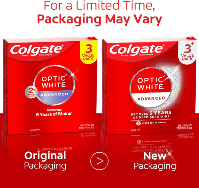 Optic White Advanced Hydrogen Peroxide Toothpaste, Teeth Whitening Toothpaste Pack, Enamel-Safe Formula, Helps Remove Tea, Coffee, and Wine Stains, Sparkling White, 3 Pack, 3.2 Oz