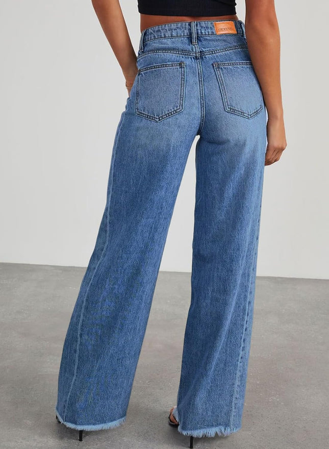 Women'S Wide Leg Jeans High Waisted Stretchy Raw Hem Zimbaplatinum Denim Pants