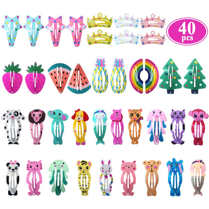 Hair Clips for Girls,100 Pcs No Slip Metal Snap, Barrettes for Kids Teens Women, Cute Candy Color Cartoon Design Hair Pins (Animals Fruits Crowns Stars)