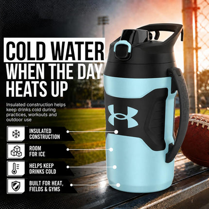 Insulated Water Bottle with Handle & Fence Hook, Half Gallon Sports Water Jug, Leak-Resistant & Bpa-Free for Baseball, Football & Gym - Breeze Blue/Black, 64Oz