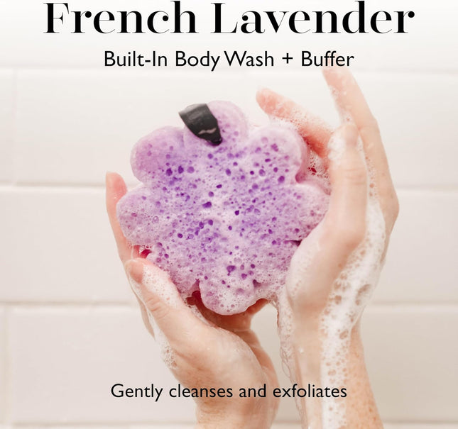 French Lavender Wild Flower Bath Sponge | Built-In Body Wash & Body Scrubber, Shower Loofah Sponge for Women | 14+ Uses