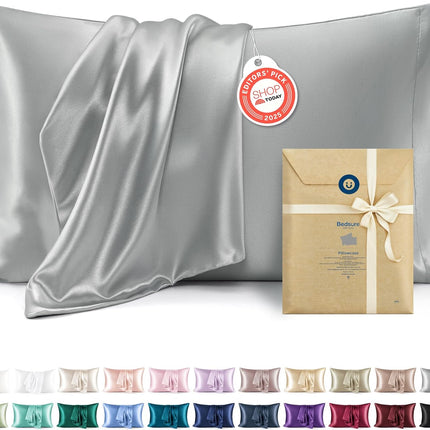 Bedsure Satin Pillowcase 2 Pack Similar to Silk Pillow Cases Standard Size, Pillow Case for Sleeping Women with Envelope Closure, Gifts for Women Men, Silver Grey, 20X26 Inches, 2Pcs