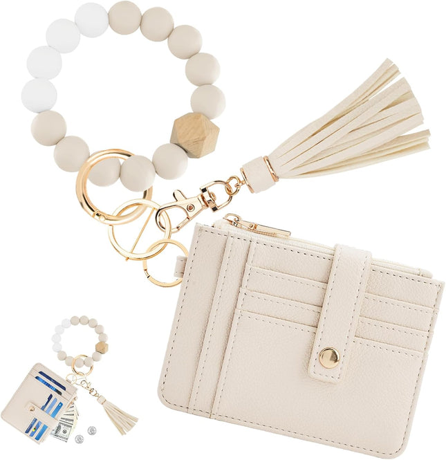 Wallet Keychain Wristlet for Women,Slim RFID Credit Card Holder Purse Tassel Keychain Bangle Key Ring for Men Women