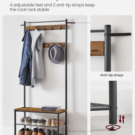 VASAGLE Coat Rack, Hall Tree with Shoe Storage Bench, Entryway Bench with Shoe Storage, 3-In-1, Steel Frame, for Entryway, 12.6 X 27.6 X 68.9 Inches, Industrial, Rustic Brown and Black UHSR41BX