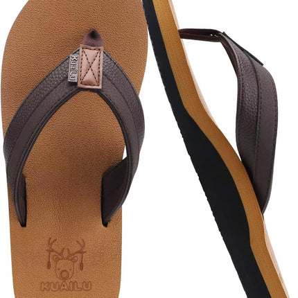 Men'S Yoga Mat Leather Flip Flops with Arch Support Comfortable Cushion Walking Thong Sandals Slip on Indoor Outdoor