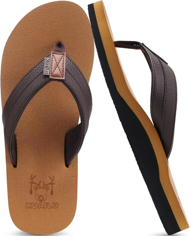 Men'S Yoga Mat Leather Flip Flops with Arch Support Comfortable Cushion Walking Thong Sandals Slip on Indoor Outdoor