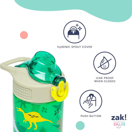 Sage Kids Water Bottle for School, Travel or at Home, 16Oz Durable Plastic Water Bottle with Straw, Handle, and Leak-Proof, Pop-Up Spout Cover (Dino)