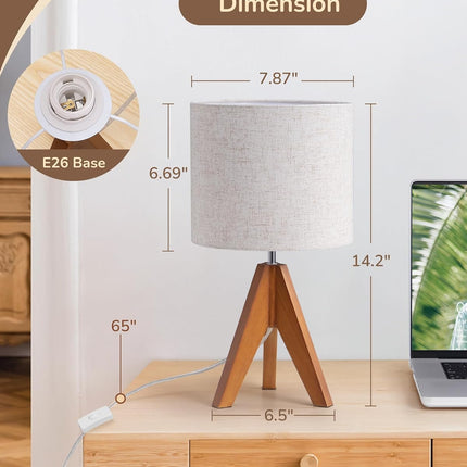 Tripod Table Lamp, Small Cute Bedside Lamp, 14.2 Inch, E26 Base | Light Brown Wooden Base, Linen Beige Lampshade, Nightstand Lamp for Nursery, Bedroom, Kid Room, Living Room